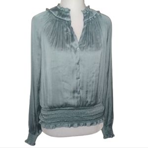 NWT Elie T Tahari Blue Gray Smocked Long Sleeve Blouse Size Small